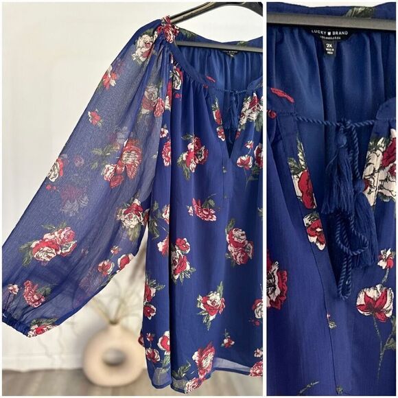 Lucky Brand 2X Womens Plus Size Floral Print Slash Neck Pullover Top, Blue - Picture 5 of 8